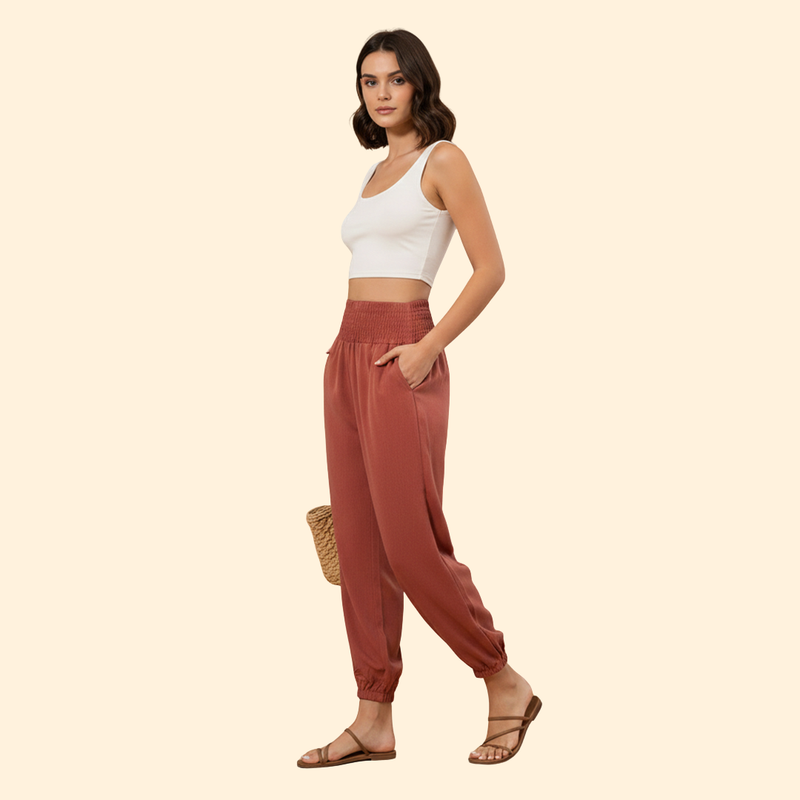 Women's Airy Summer Trousers with Smocked Waist