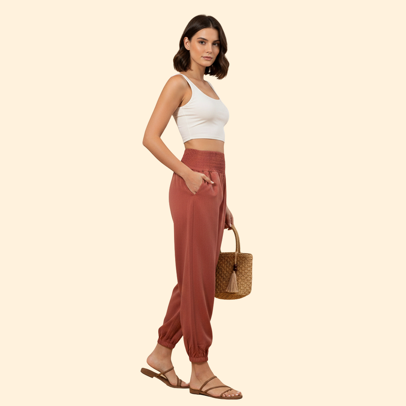 Women's Airy Summer Trousers with Smocked Waist