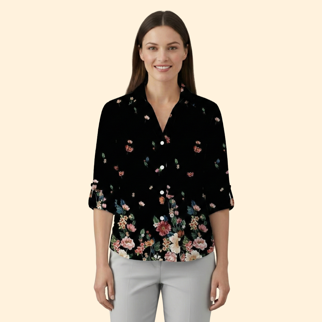 Women’s Long Sleeve Blouse with Floral and Butterfly Print