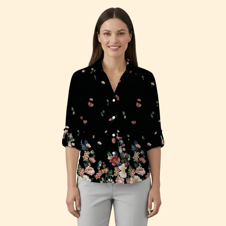 Women’s Long Sleeve Blouse with Floral and Butterfly Print
