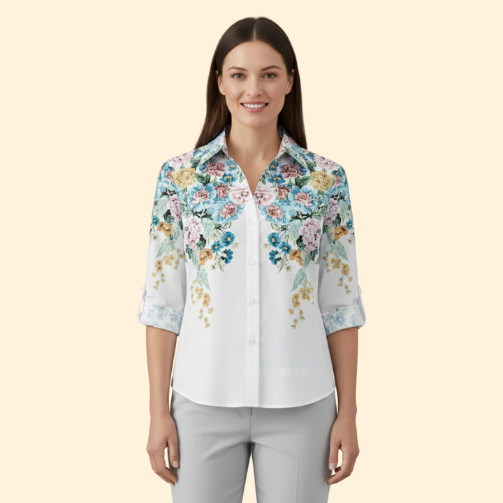 Women’s Long Sleeve Blouse with Floral and Butterfly Print