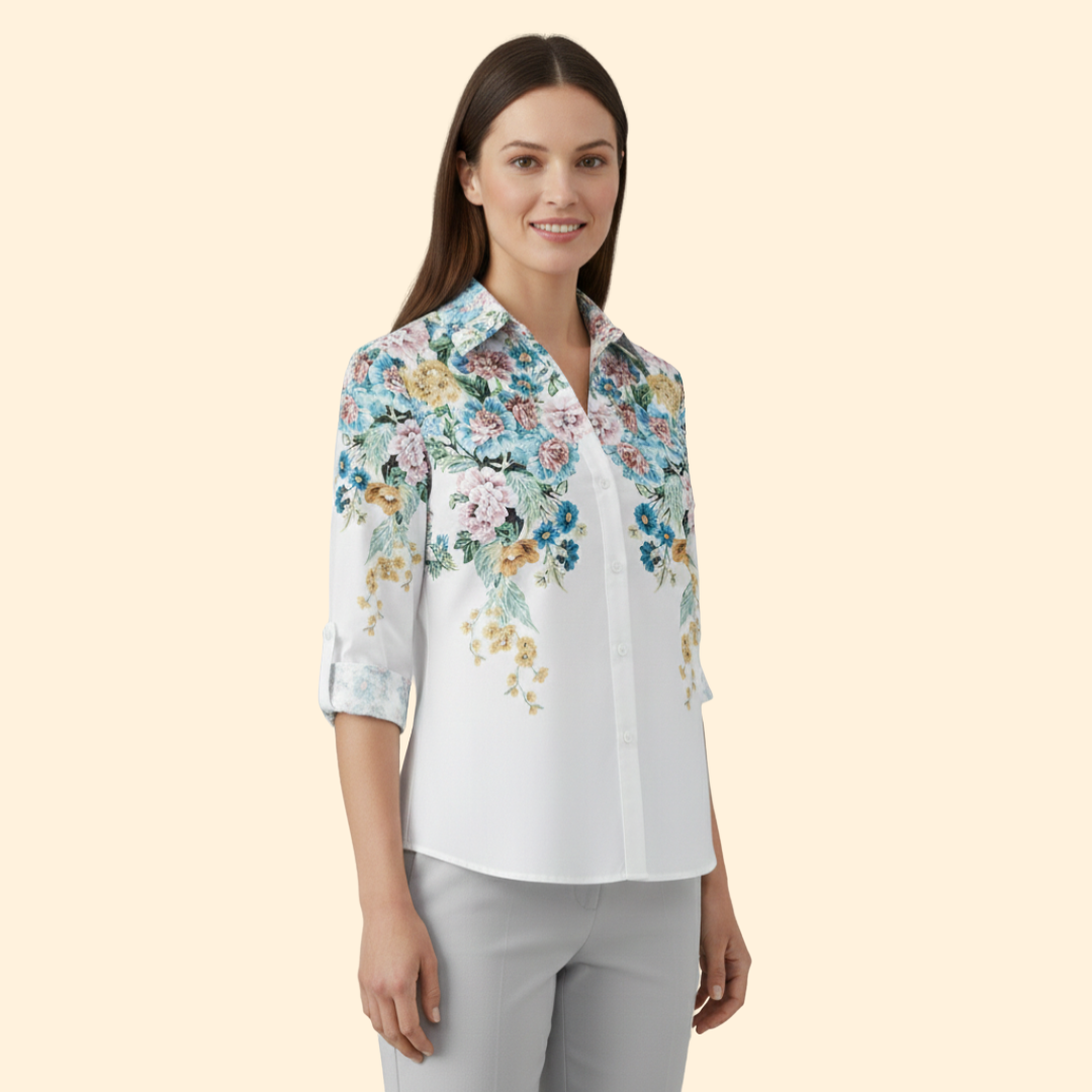 Women’s Long Sleeve Blouse with Floral and Butterfly Print