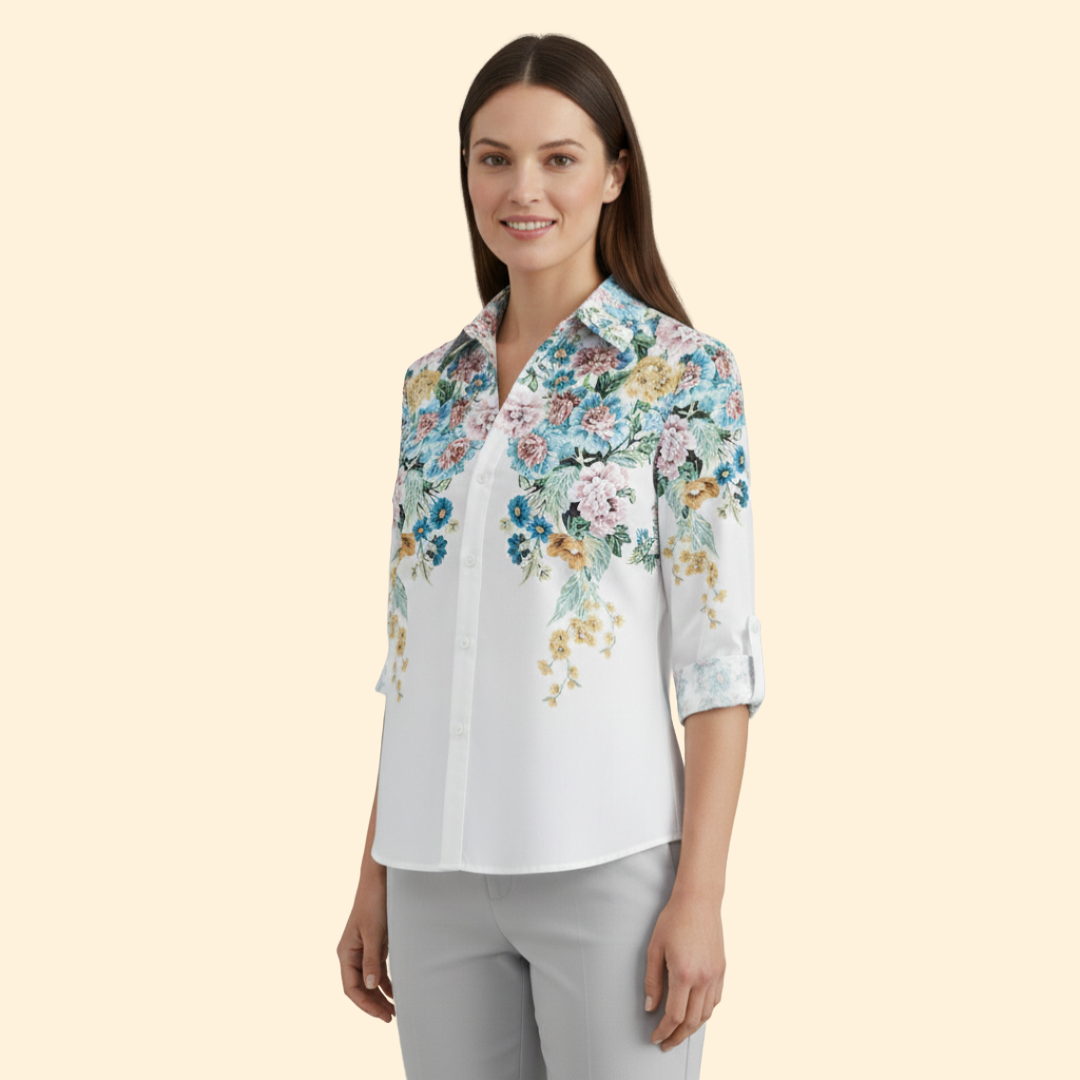 Women’s Long Sleeve Blouse with Floral and Butterfly Print