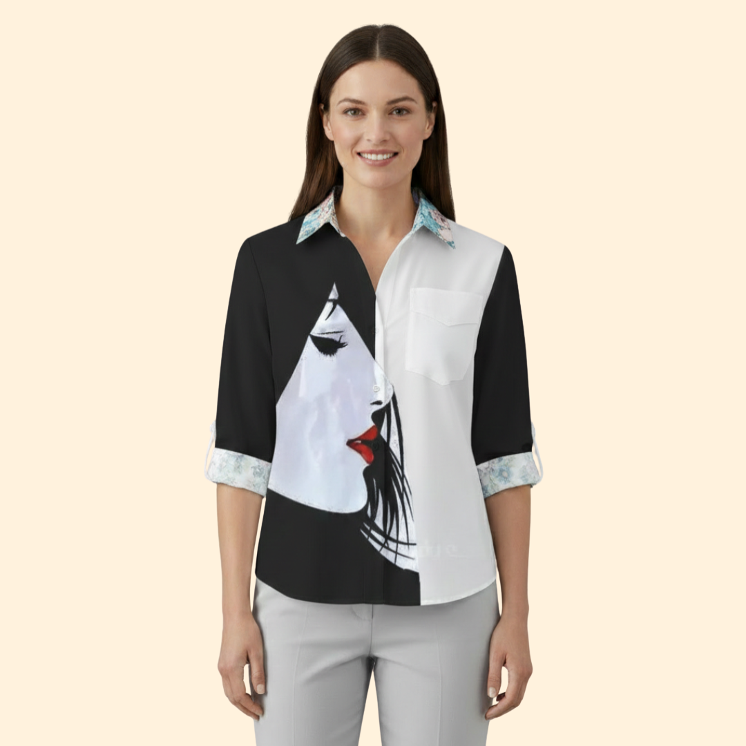 Women’s Long Sleeve Blouse with Floral and Butterfly Print