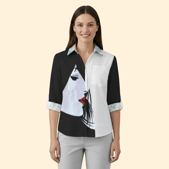 Women’s Long Sleeve Blouse with Floral and Butterfly Print