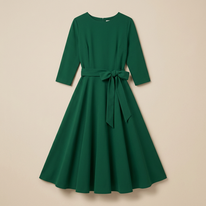Women’s Belted A-Line Midi Dress with 3/4 Sleeves