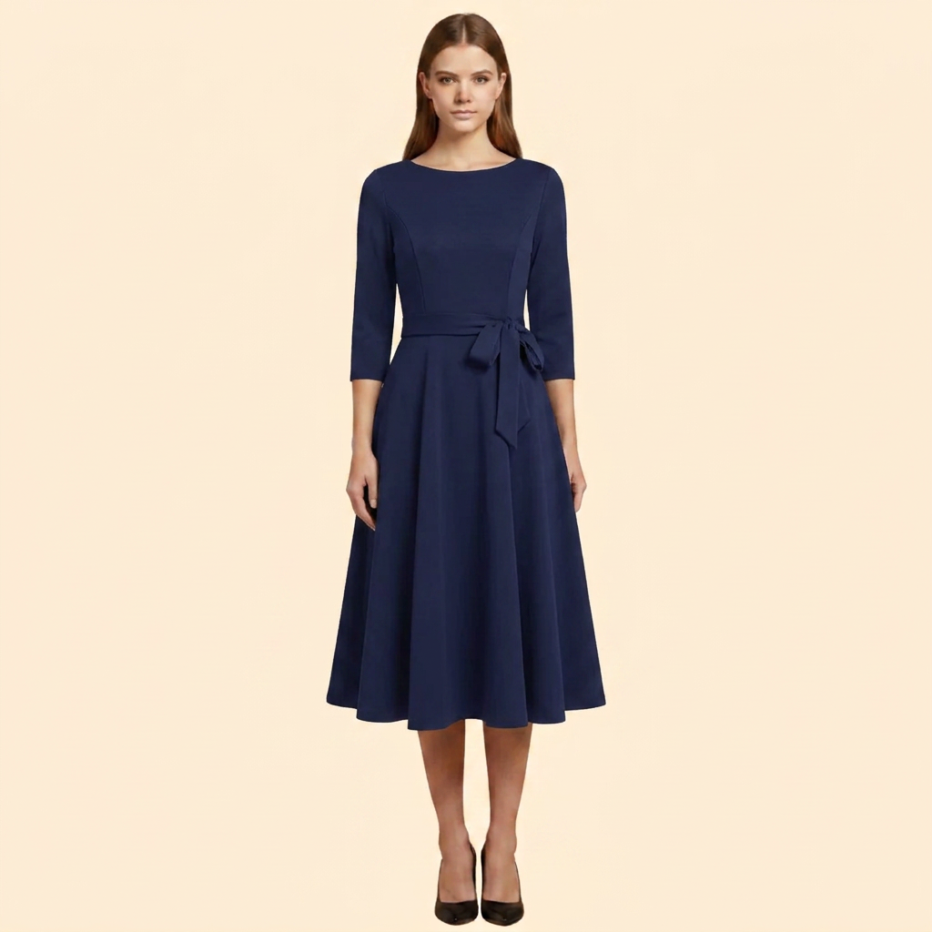 Women’s Belted A-Line Midi Dress with 3/4 Sleeves