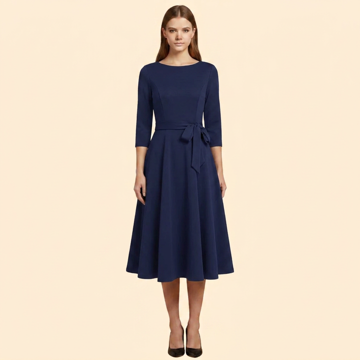 Women’s Belted A-Line Midi Dress with 3/4 Sleeves