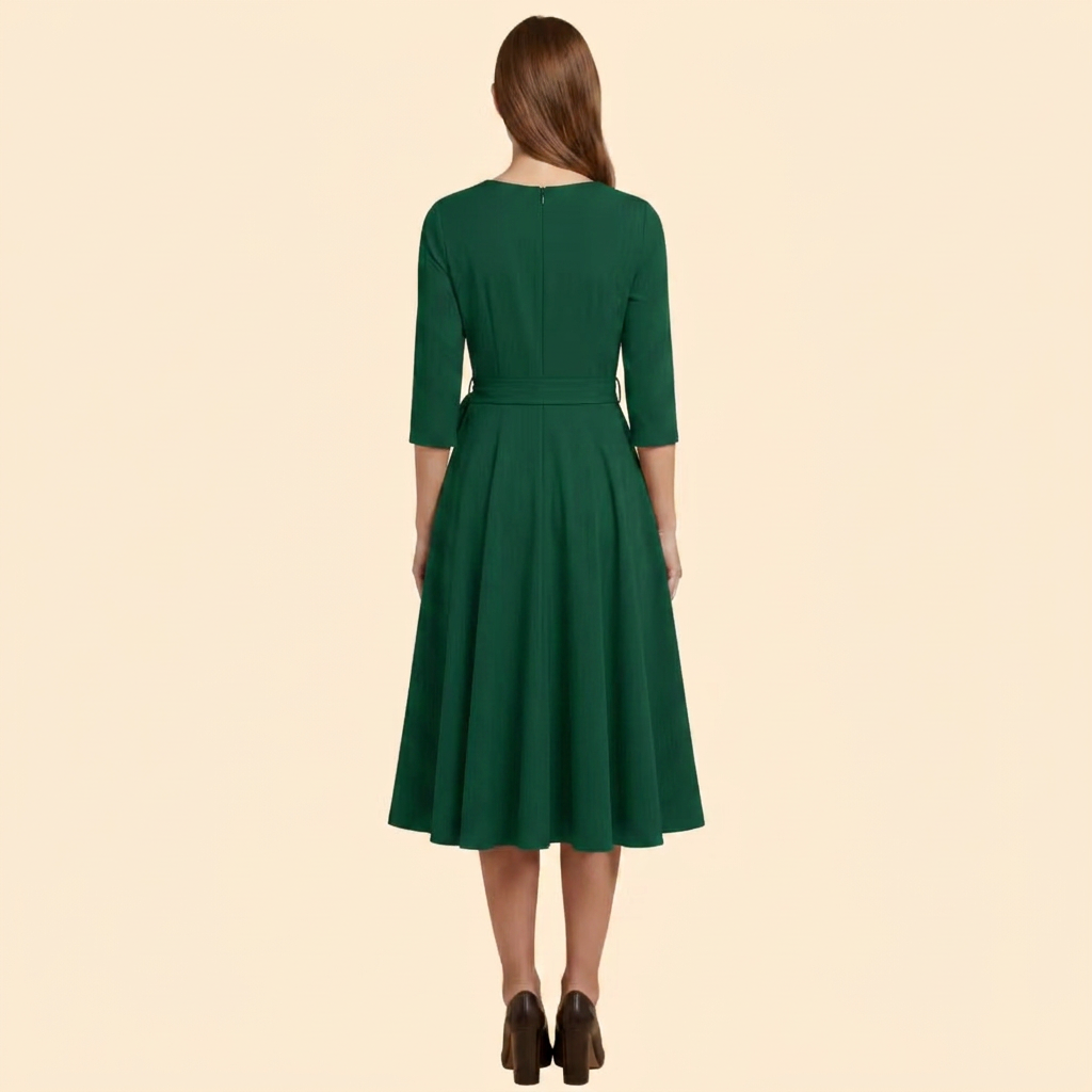 Women’s Belted A-Line Midi Dress with 3/4 Sleeves