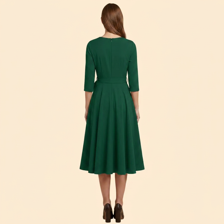 Women’s Belted A-Line Midi Dress with 3/4 Sleeves