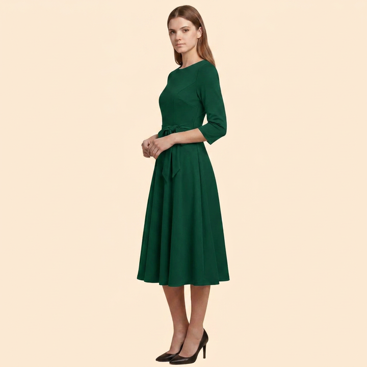 Women’s Belted A-Line Midi Dress with 3/4 Sleeves