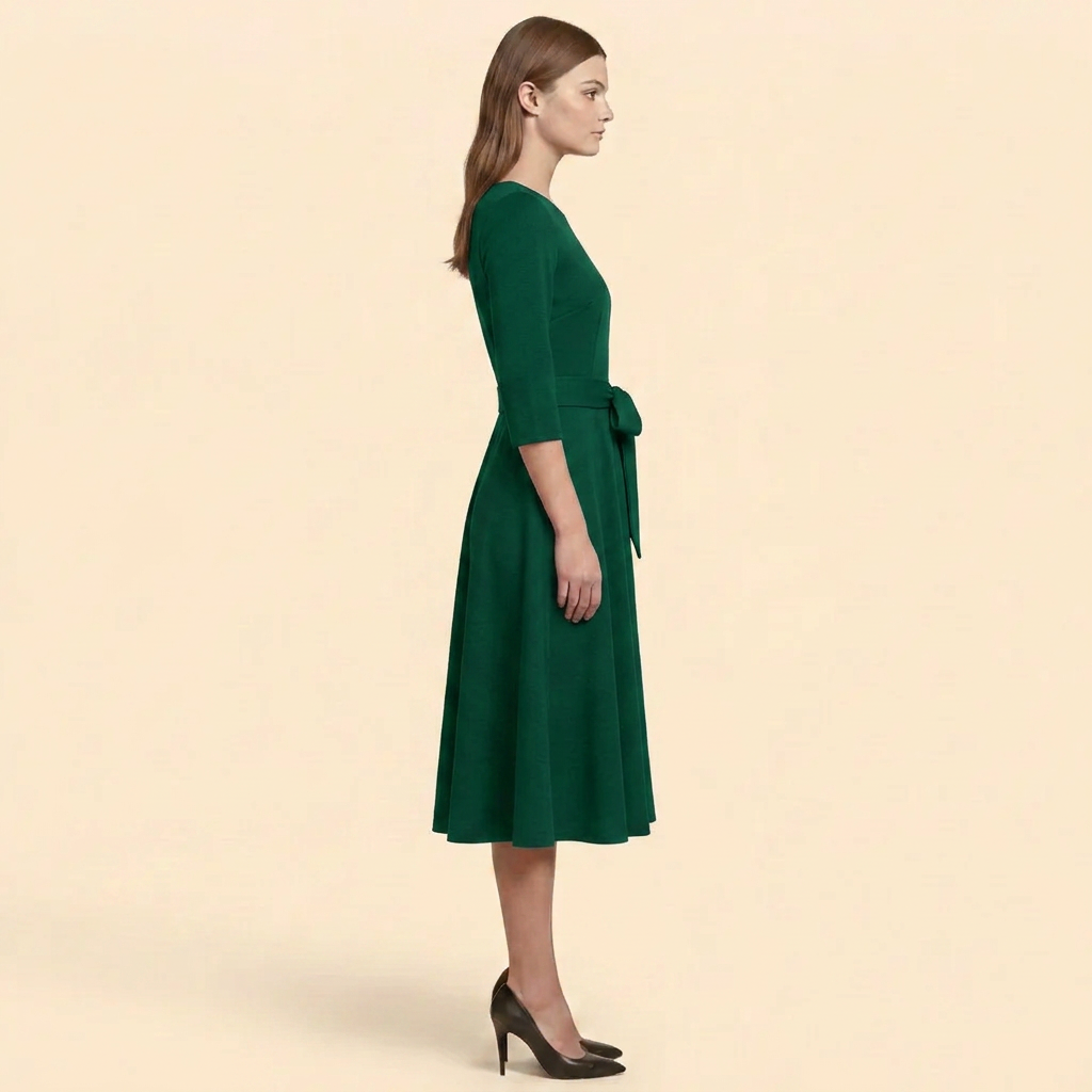 Women’s Belted A-Line Midi Dress with 3/4 Sleeves