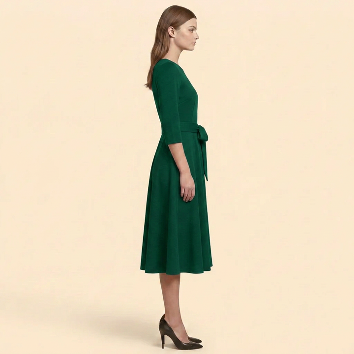 Women’s Belted A-Line Midi Dress with 3/4 Sleeves