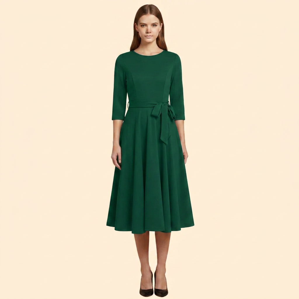 Women’s Belted A-Line Midi Dress with 3/4 Sleeves