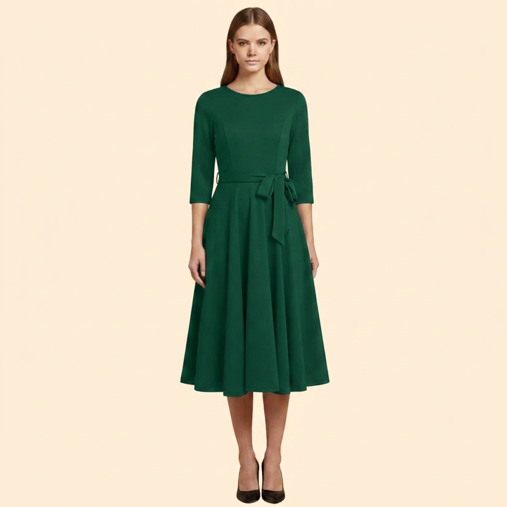 Women’s Belted A-Line Midi Dress with 3/4 Sleeves