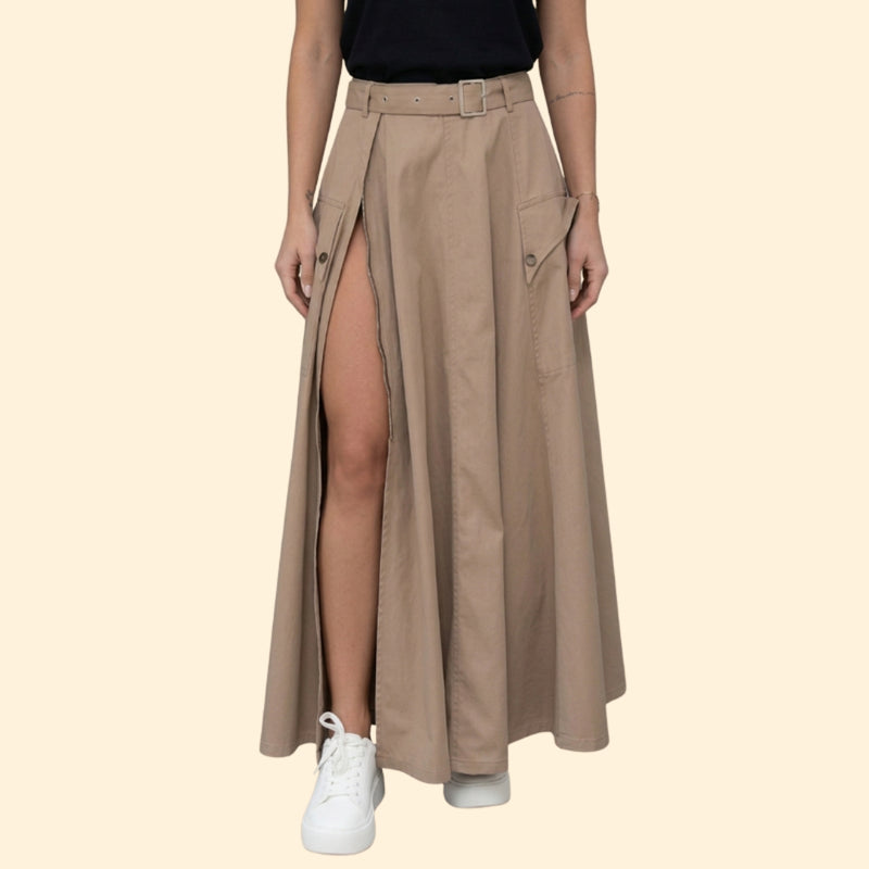 Women’s Belted Maxi Skirt with Button Detail