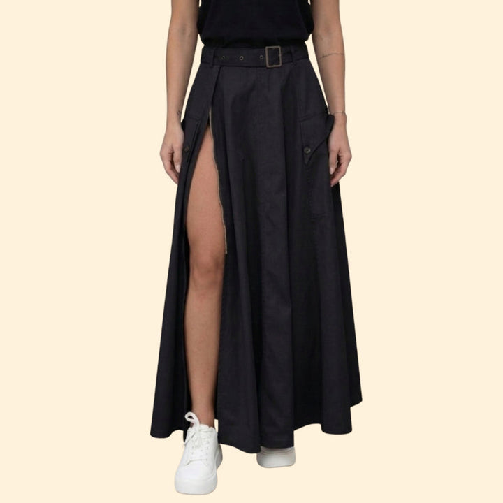 Women’s Belted Maxi Skirt with Button Detail