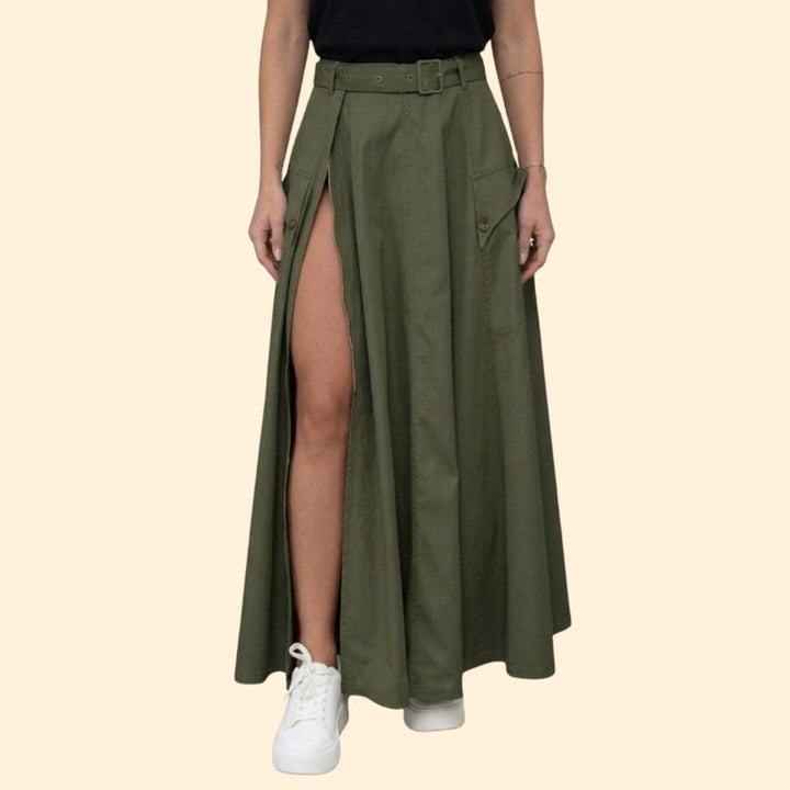 Women’s Belted Maxi Skirt with Button Detail