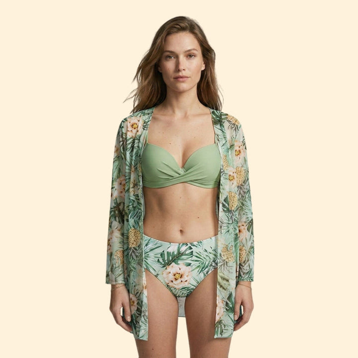 Women’s Bikini Set with Floral Kimono Cover-Up