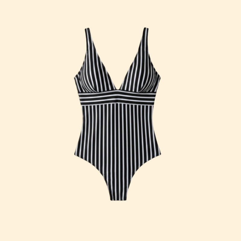 Women’s Black and White Striped Swimsuit with Plunging Neckline