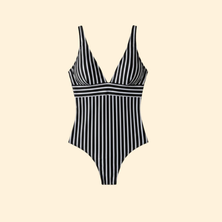 Women’s Black and White Striped Swimsuit with Plunging Neckline