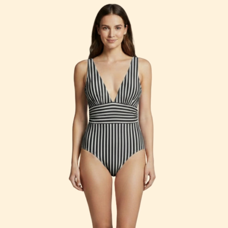 Women’s Black and White Striped Swimsuit with Plunging Neckline