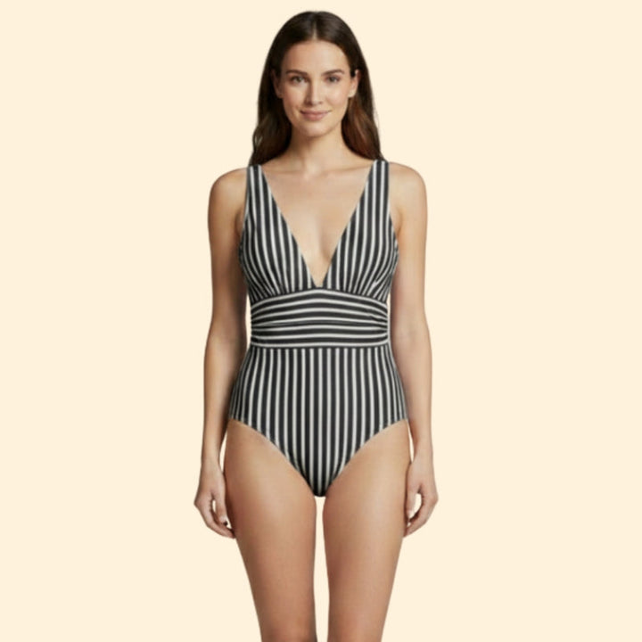 Women’s Black and White Striped Swimsuit with Plunging Neckline