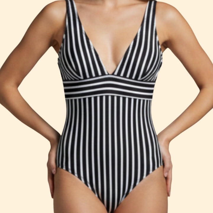 Women’s Black and White Striped Swimsuit with Plunging Neckline
