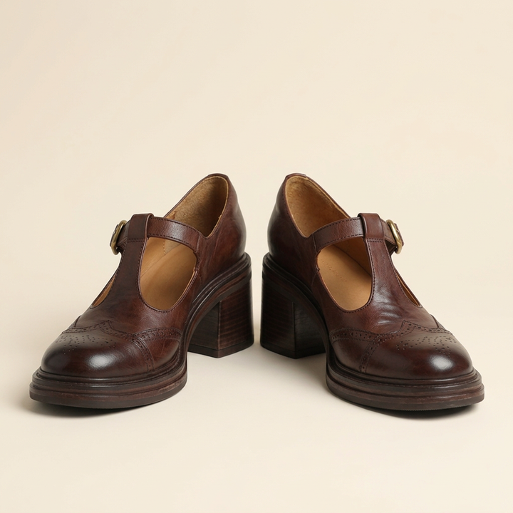Women's Block Heel Pumps with Gold Buckle