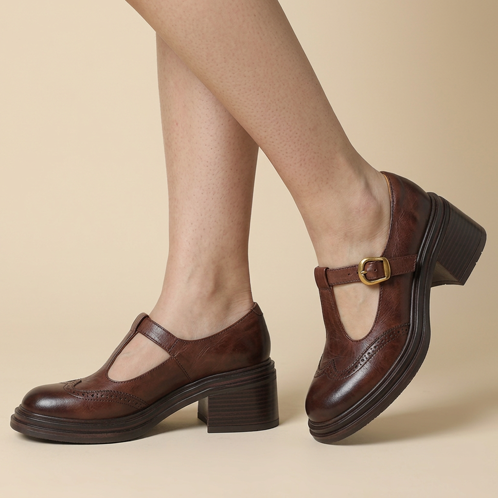Women's Block Heel Pumps with Gold Buckle