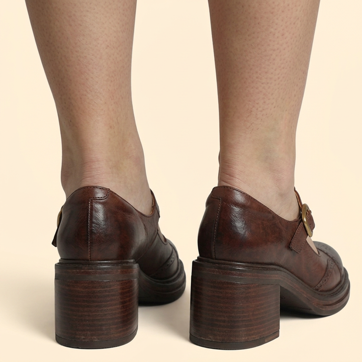 Women's Block Heel Pumps with Gold Buckle