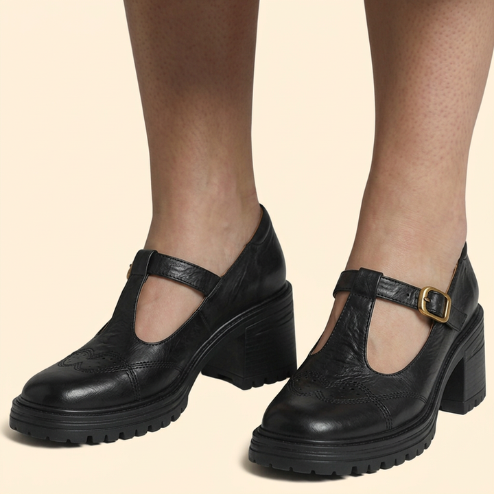 Women's Block Heel Pumps with Gold Buckle