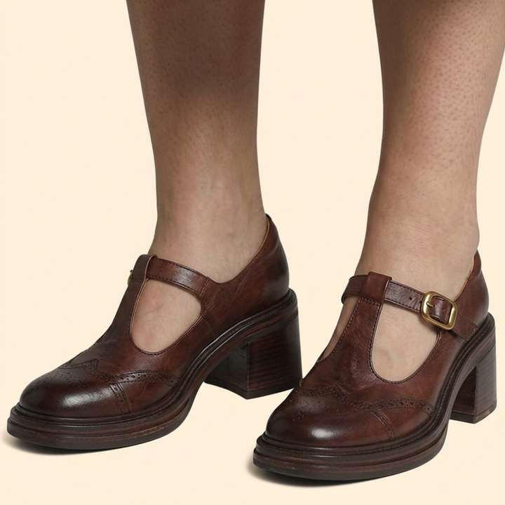 Women's Block Heel Pumps with Gold Buckle