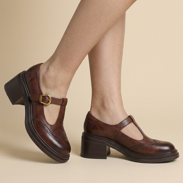 Women's Block Heel Pumps with Gold Buckle