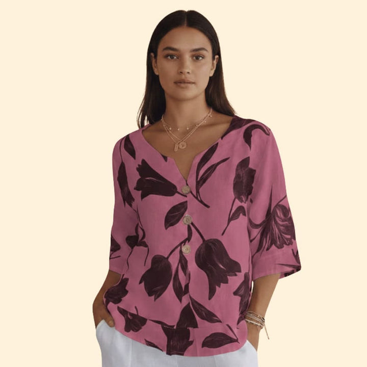 Women’s Blouse with Floral Print and V Neck