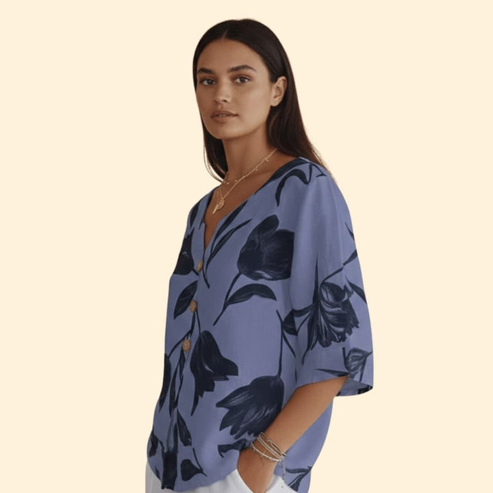 Women’s Blouse with Floral Print and V Neck