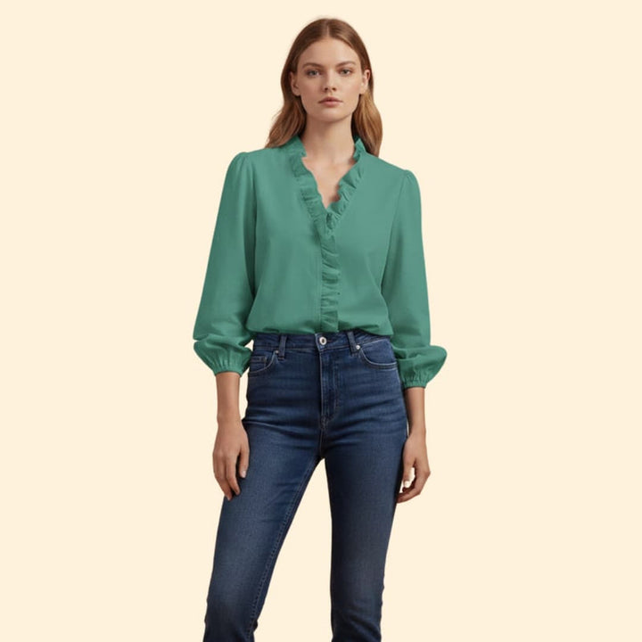 Women’s Blouse with Ruffle Trim and V Neck