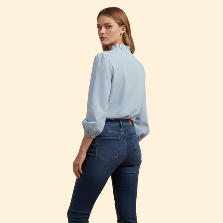 Women’s Blouse with Ruffle Trim and V Neck