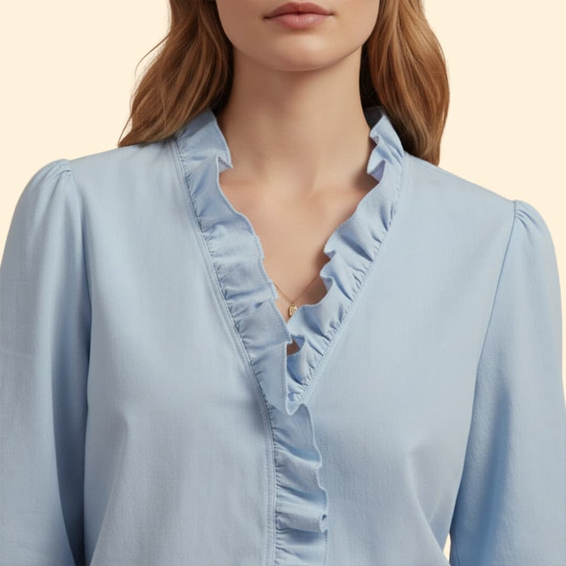 Women’s Blouse with Ruffle Trim and V Neck