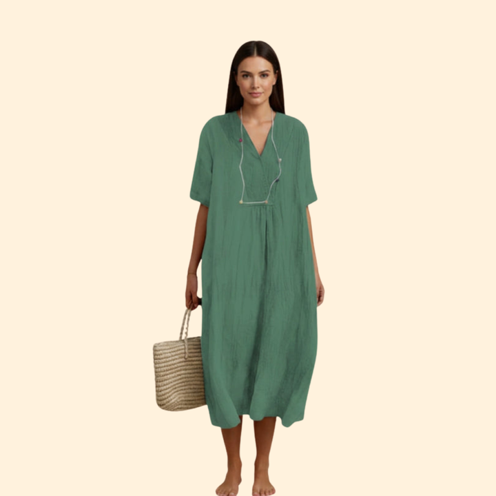 Women’s Boho Dress with V-Neck and Short Sleeves