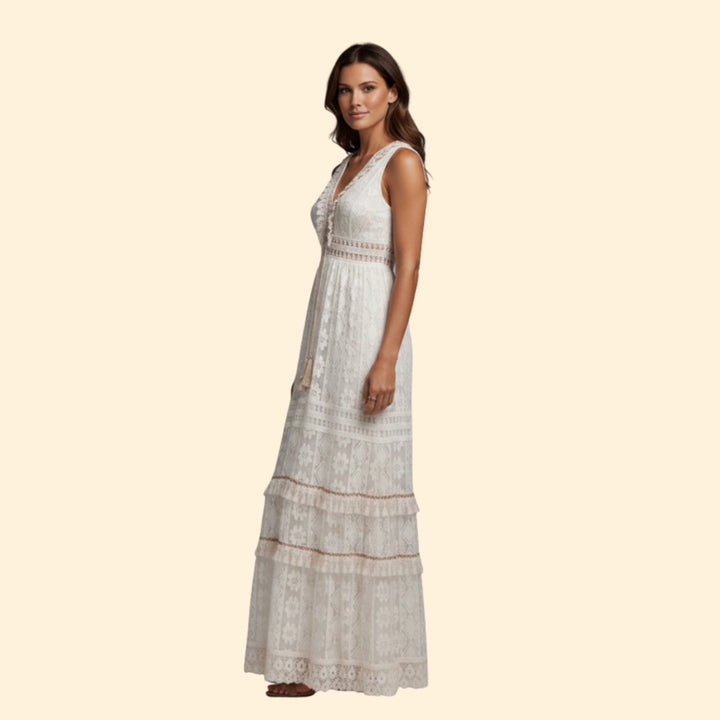 Women’s Boho Lace Maxi Dress with V-Neck