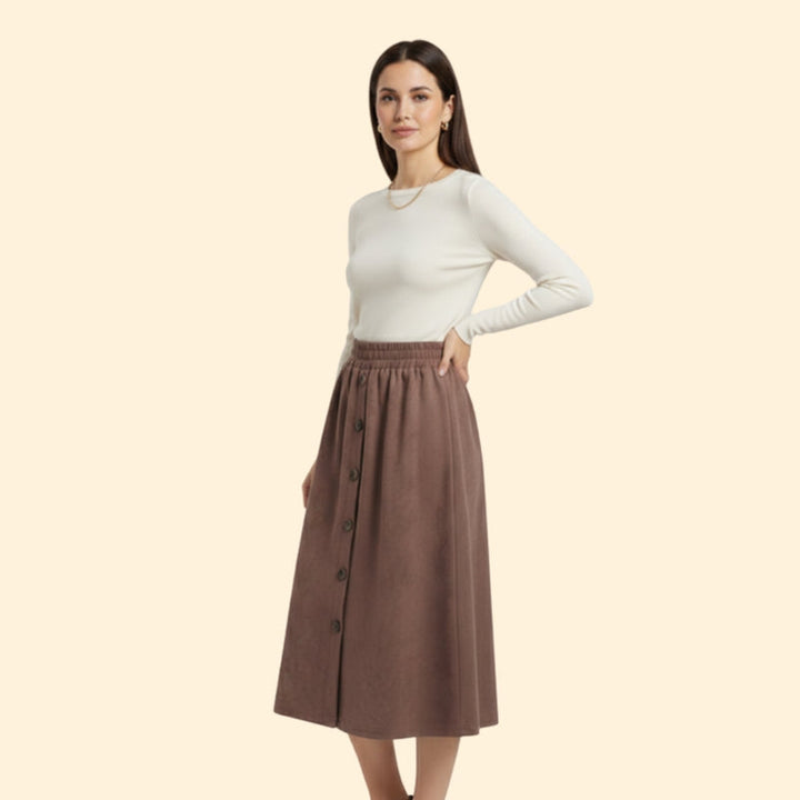 Women’s Brown Midi Skirt with Elastic Waistband