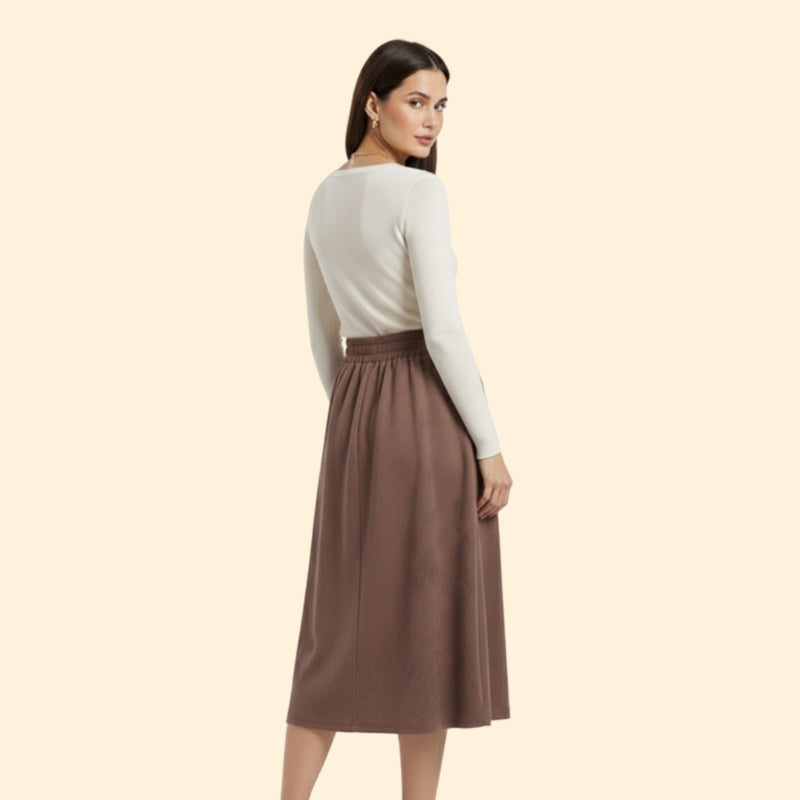 Women’s Brown Midi Skirt with Elastic Waistband