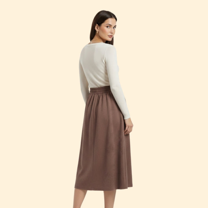 Women’s Brown Midi Skirt with Elastic Waistband