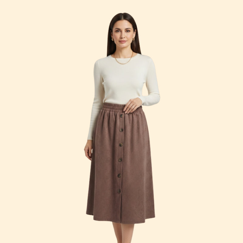 Women’s Brown Midi Skirt with Elastic Waistband