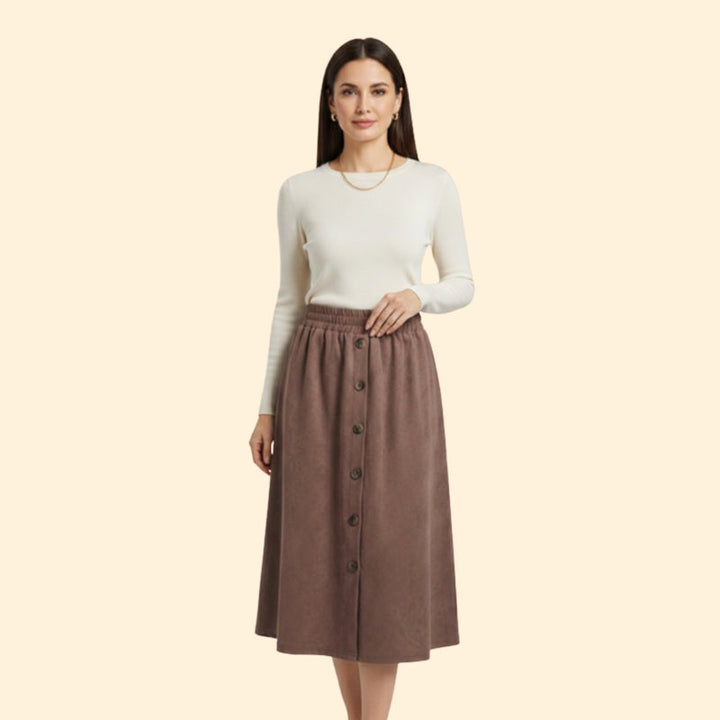 Women’s Brown Midi Skirt with Elastic Waistband