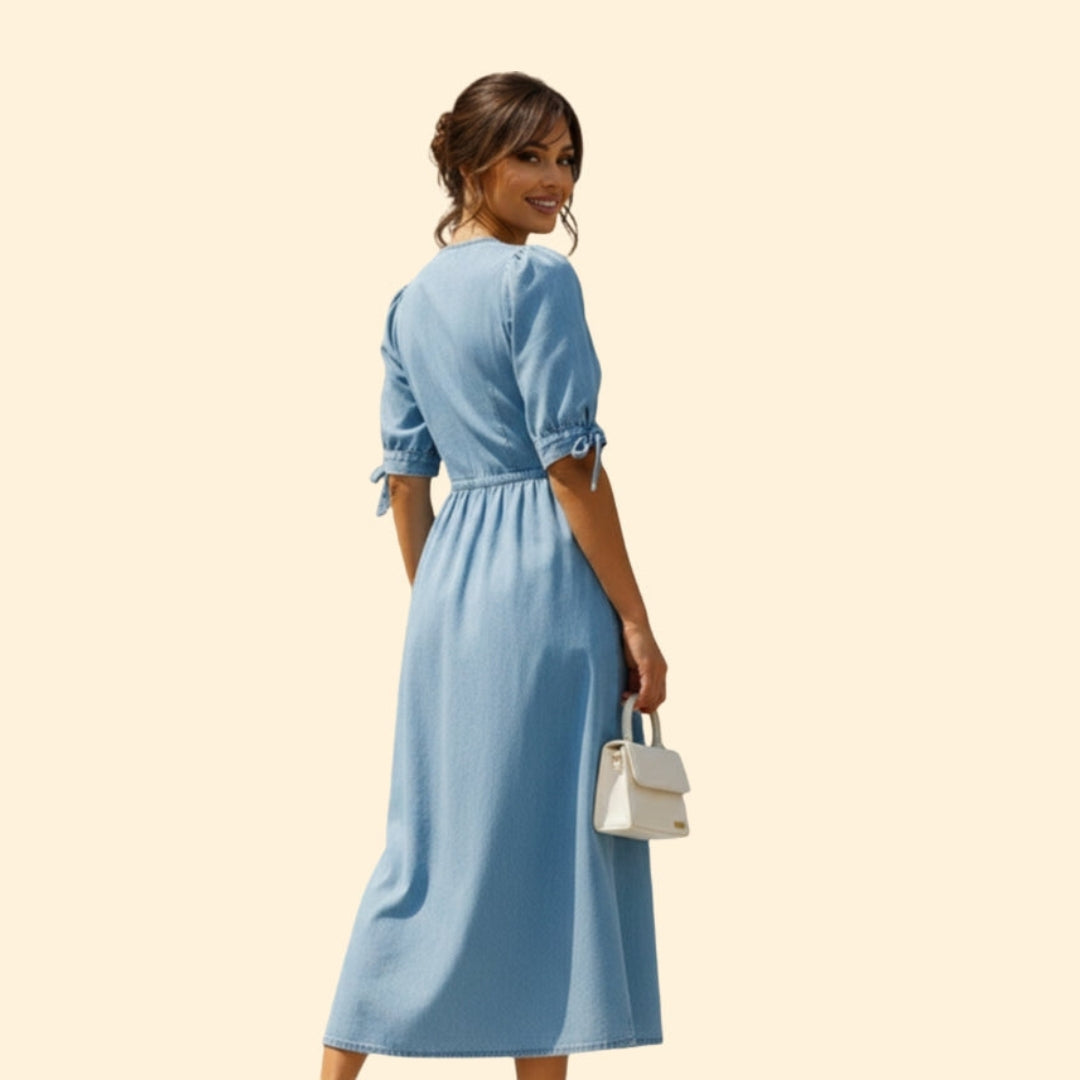 Women’s Button-Down Midi Dress with V-Neck