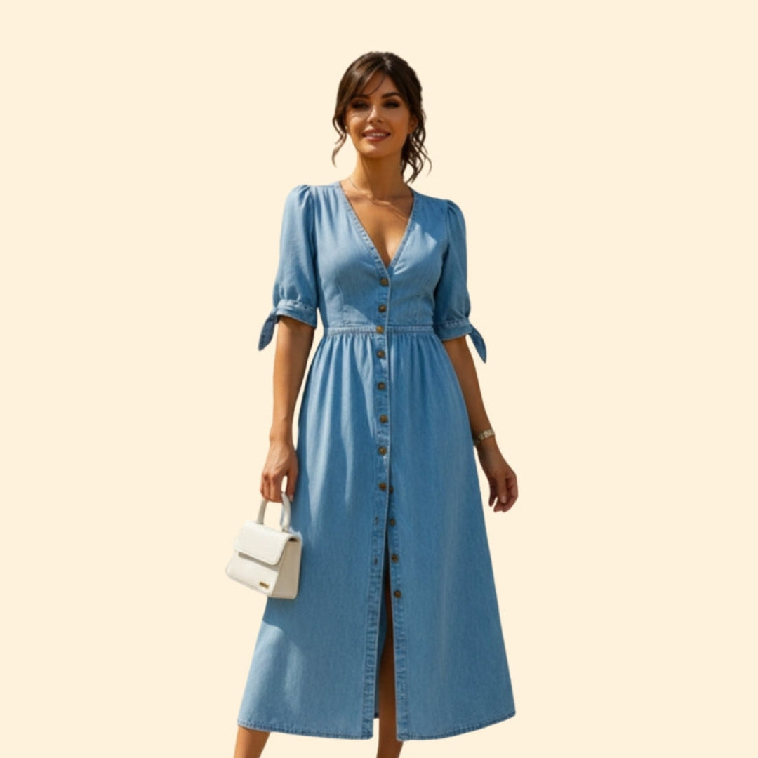 Women’s Button-Down Midi Dress with V-Neck