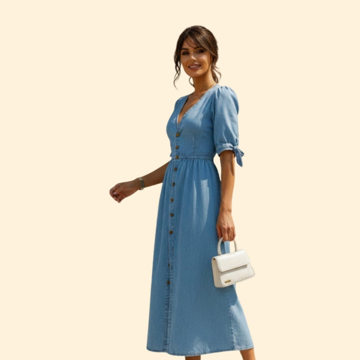 Women’s Button-Down Midi Dress with V-Neck
