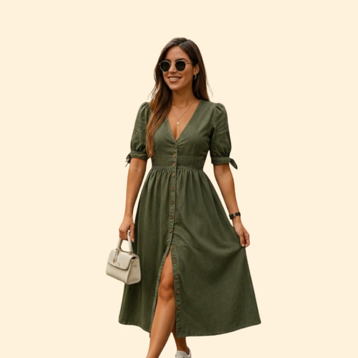 Women’s Button-Down Midi Dress with V-Neck